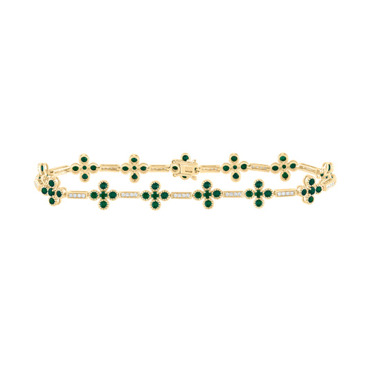 14kt Yellow Gold 1/4 Cttw Diamond Ana M 2 7/8 Cttw Round Emerald Natural Gem Clover Bracelet, Length: 7 Inch