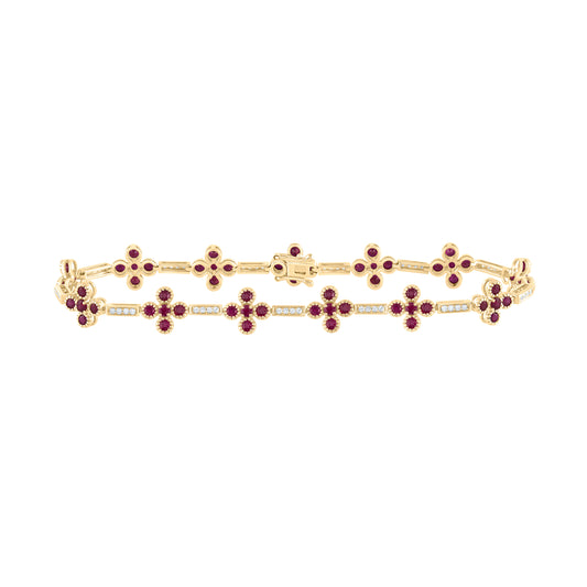14kt Yellow Gold 1/4 Cttw Diamond Ana M 3 1/4 Cttw Round Ruby Natural Gem Clover Bracelet, Length: 7 Inch
