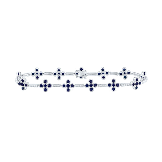 14kt White Gold 1/4 Cttw Diamond Ana M and 3 Cttw Round Blue Sapphire Natural Gem Clover Bracelet, Length: 7 Inch