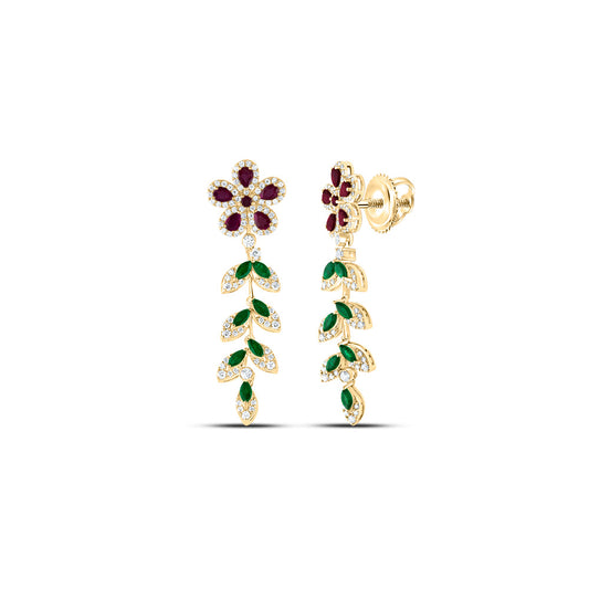 14kt Yellow Gold 1 1/5 Cttw Diamond Ana M and 1 Cttw-mq-em, 1 3/8 Cttw Pear ru, 1/10 Cttw Round Ruby Natural Gem Dangling Earring