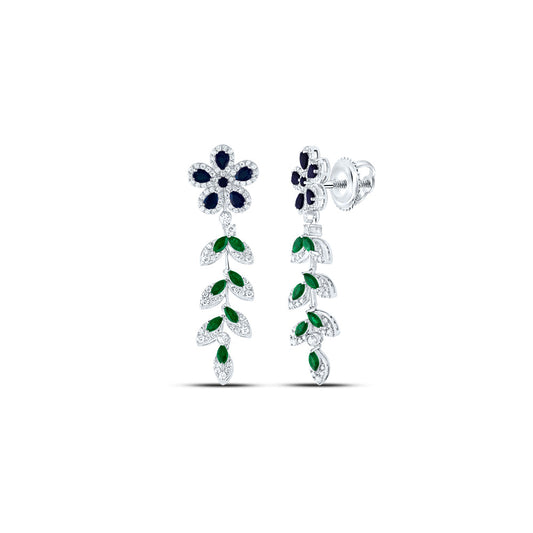 14kt White Gold 1 1/5 Cttw Diamond Ana M and 1 Cttw-mq-em, 1 Cttw Pear bs, 1/12 Cttw Round Blue Sapphire Natural Gem Dangling Earring