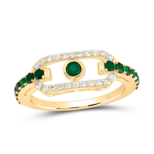 14kt Yellow Gold 1/5 Cttw Diamond Ana M and 1/2 Cttw Round Emerald Natural Gem Paper Clip Wedding Engagement Anniversary Ring, Women Size: 5-9
