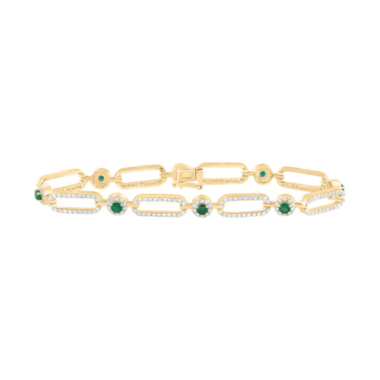 14kt Yellow Gold 2 Cttw Diamond Ana M and 1 Cttw Round Emerald Natural Gem Paper Clip Bracelet, Length: 7 Inch