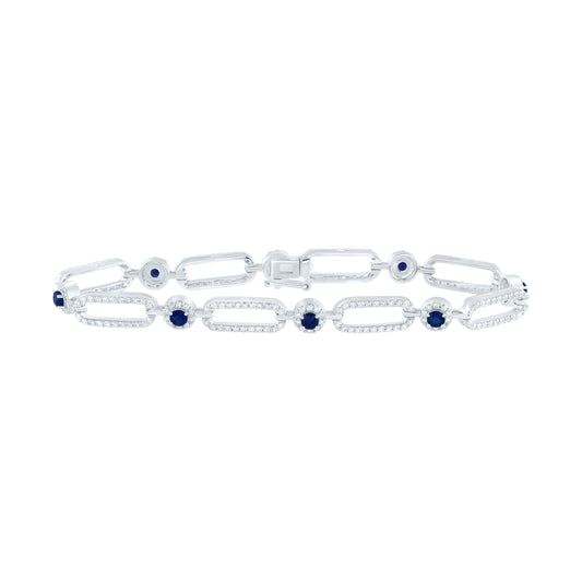 14kt White Gold 2 Cttw Diamond Ana M and 1 Cttw Round Blue Sapphire Natural Gem Paper Clip Bracelet, Length: 7 Inch
