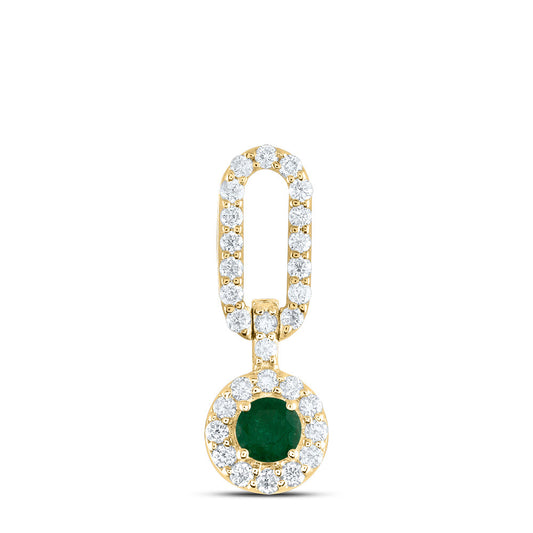 14kt Yellow Gold 1/6 Cttw Diamond Ana M and 1/10 Cttw Round Emerald Natural Gem Paper Clip Pendant
