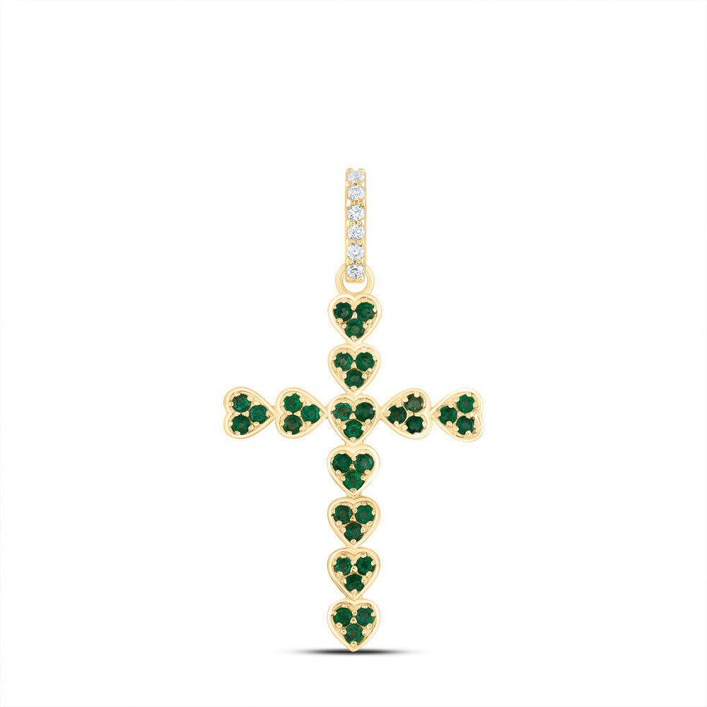 14kt Yellow Gold 1/20 Cttw Natural Diamond Ana M 3/8 Cttw Round Emerald Natural Gem Heart Cross Pendant