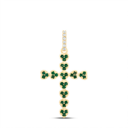 14kt Yellow Gold 1/20 Cttw Natural Diamond Ana M 3/8 Cttw Round Emerald Natural Gem Heart Cross Pendant