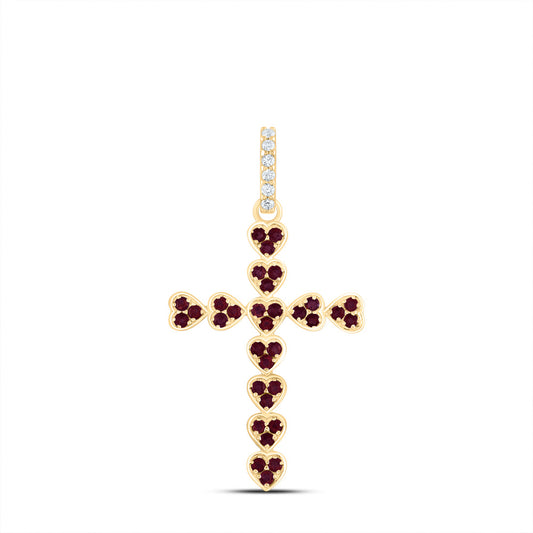 14kt Yellow Gold 1/20 Cttw Natural Diamond Ana M and 1/2 Cttw Round Ruby Natural Gem Heart Cross Pendant