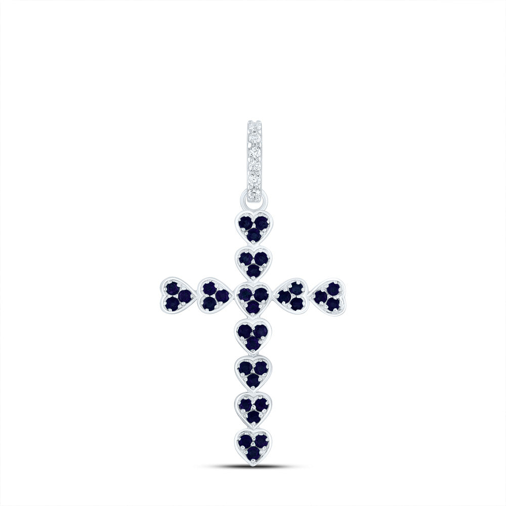 14kt White Gold 1/20 Cttw Natural Diamond Ana M and 1/2 Cttw Round Blue Sapphire Natural Gem Heart Cross Pendant