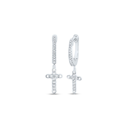 10kt White Gold 1/8 Cttw Diamond Cross Dangling Earring