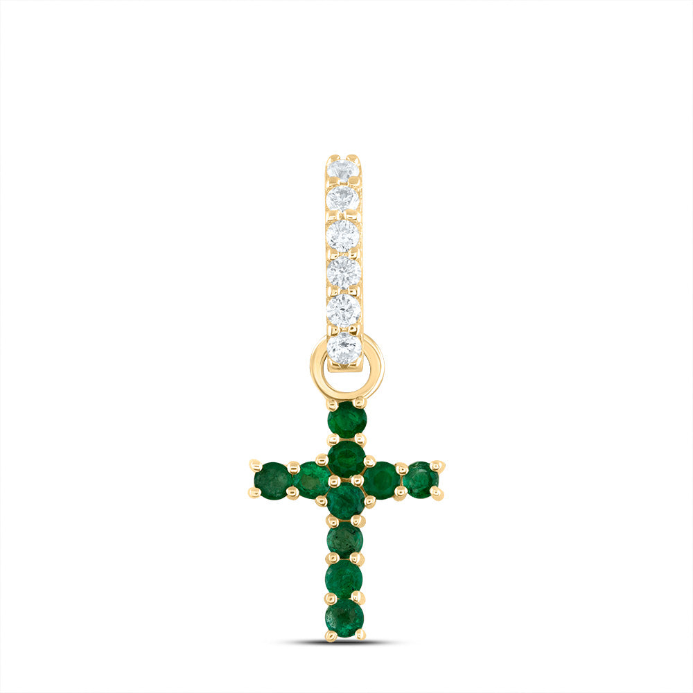 14kt Yellow Gold 1/20 Cttw Diamond Ana M and 1/5 Cttw Round Emerald Natural Gem Cross Pendant