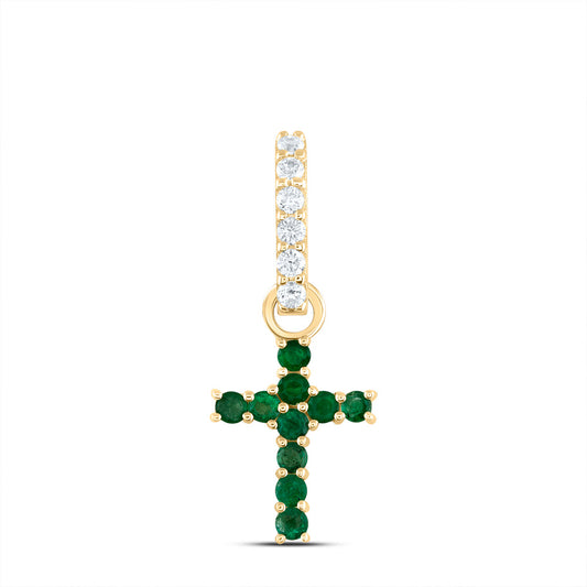 14kt Yellow Gold 1/20 Cttw Diamond Ana M and 1/5 Cttw Round Emerald Natural Gem Cross Pendant