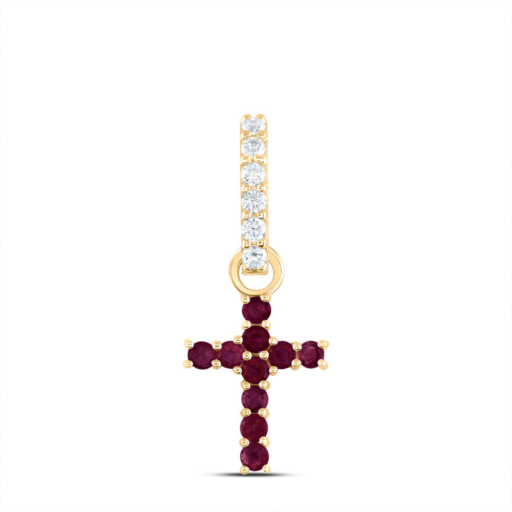 14kt Yellow Gold 1/20 Cttw Diamond Ana M and 1/5 Cttw Round Ruby Natural Gem Cross Pendant