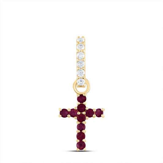 14kt Yellow Gold 1/20 Cttw Diamond Ana M and 1/5 Cttw Round Ruby Natural Gem Cross Pendant