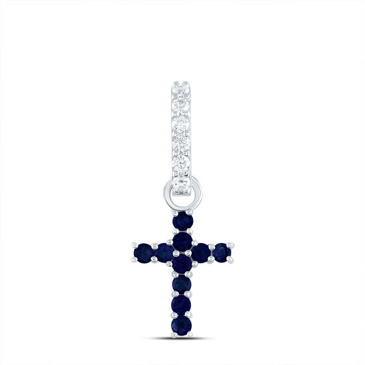 14kt White Gold 1/20 Cttw Diamond Ana M and 1/5 Cttw Round Blue Sapphire Natural Gem Cross Pendant