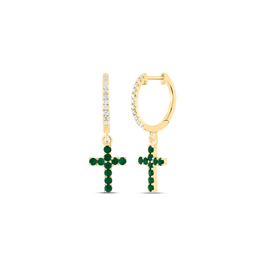 14kt Yellow Gold 1/10 Cttw Diamond Ana M and 1/4 Cttw Round Emerald Natural Gem Cross Dangling Earring