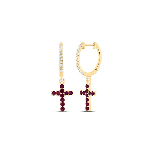 14kt Yellow Gold 1/10 Cttw Diamond Ana M 3/8 Cttw Round Ruby Natural Gem Cross Dangling Earring