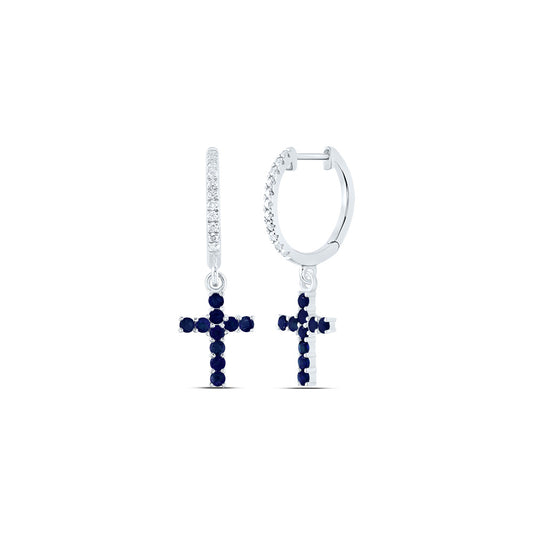 14kt White Gold 1/10 Cttw Diamond Ana M and 1/2 Cttw Round Blue Sapphire Natural Gem Cross Dangling Earring
