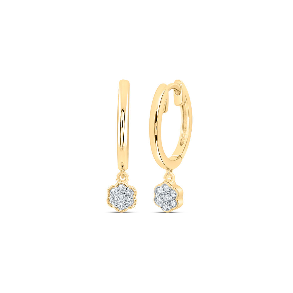 10kt Yellow Gold 1/12 Cttw Diamond Flower Dangling Hoops Earring
