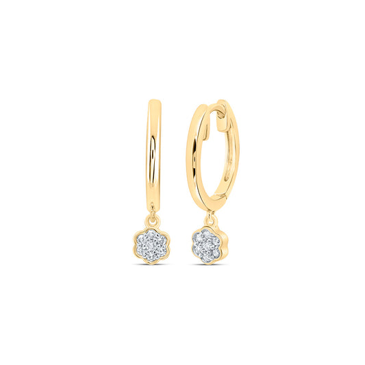 10kt Yellow Gold 1/12 Cttw Diamond Flower Dangling Hoops Earring