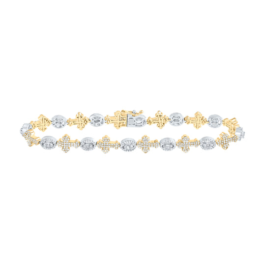 10k Yellow White Gold 2 5/8 Cttw Diamond Round Cross Mens Bracelet, Length: 8 Inch