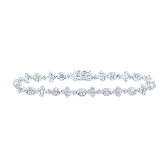 10kt White Gold 2 5/8 Cttw Diamond Round Cross Mens Bracelet, Length: 8 Inch