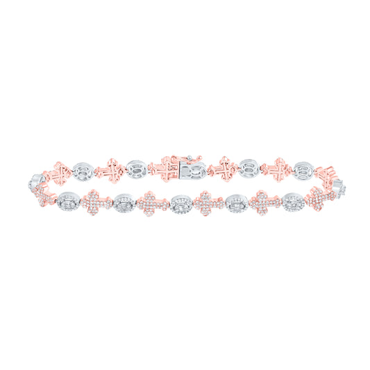 10k Rose White Gold 2 5/8 Cttw Diamond Round Cross Mens Bracelet, Length: 8 Inch