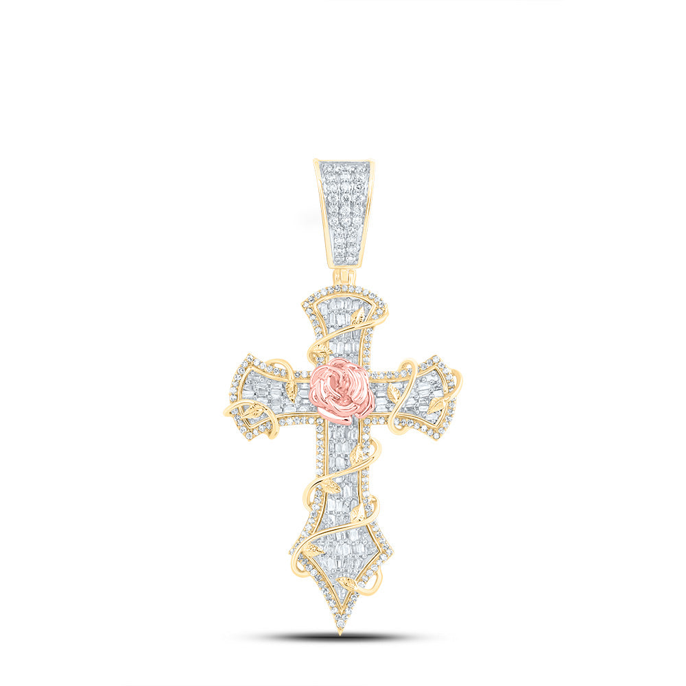 10k Yellow Rose Gold 1 3/4 Cttw Diamond Crome Cross Mens Charm