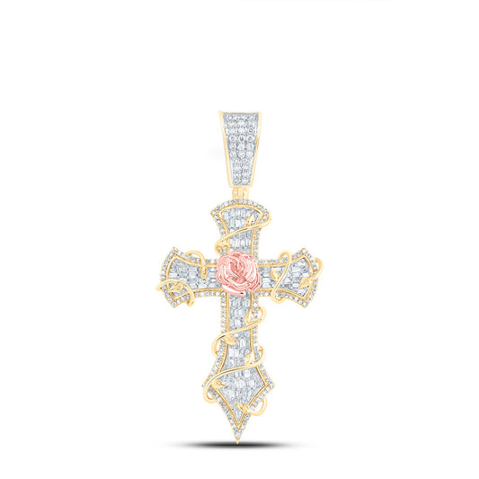 10k Yellow Rose Gold 1 3/4 Cttw Diamond Crome Cross Mens Charm