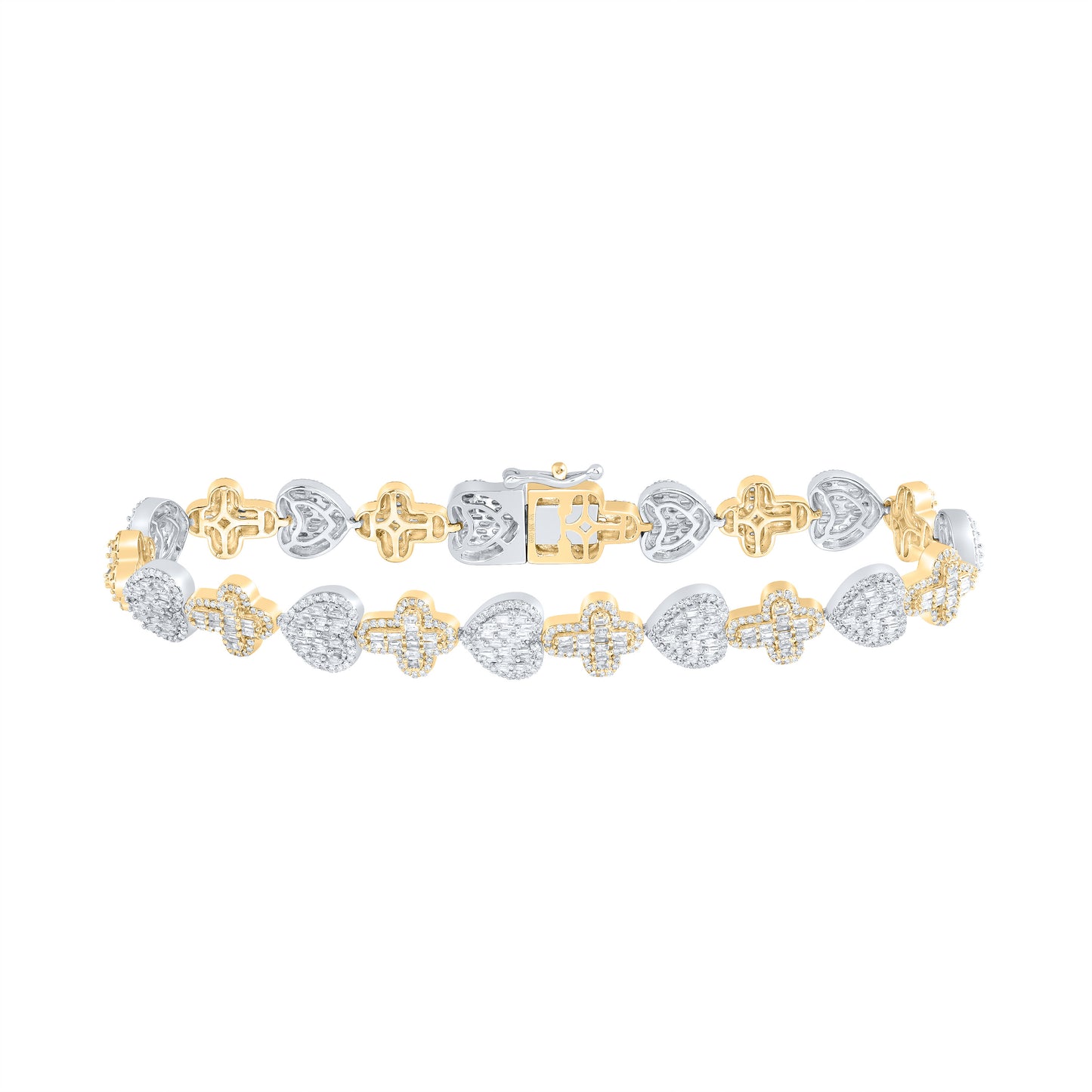 10k Yellow White 3 1/2 Cttw Natural Diamond Heart Cross Bracelet, Length: 8 Inch