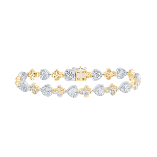 10k Yellow White 3 1/2 Cttw Natural Diamond Heart Cross Bracelet, Length: 8 Inch