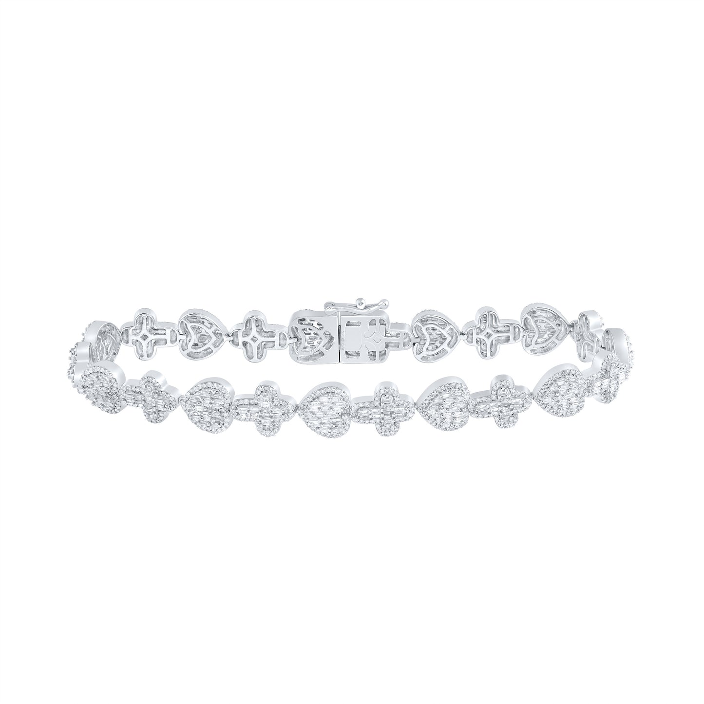 10kt White Gold 3 1/2 Cttw Natural Diamond Heart Cross Bracelet, Length: 8 Inch