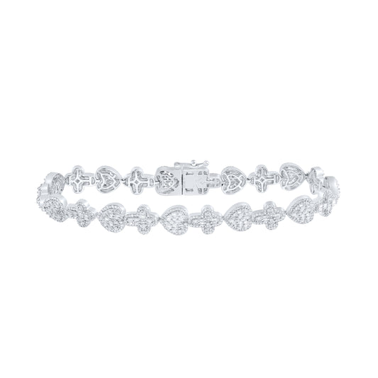 10kt White Gold 3 1/2 Cttw Natural Diamond Heart Cross Bracelet, Length: 8 Inch
