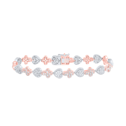 10k Rose White Gold 3 1/2 Cttw Natural Diamond Heart Cross Bracelet, Length: 8 Inch