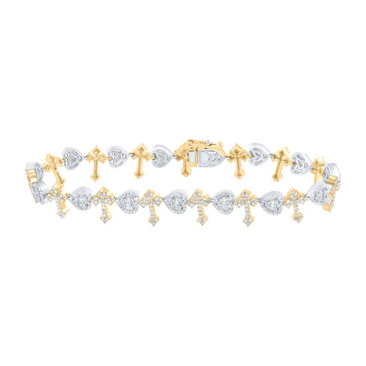 10k Yellow White 3 Cttw Natural Diamond Heart Cross Bracelet, Length: 8 Inch
