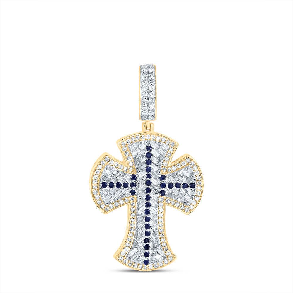 10kt Yellow Gold 7/8 Cttw Diamond and 1/5 Cttw Round Blue Sapphire Natural Gem Cross Mens Charm