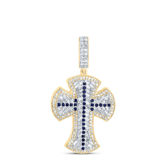 10kt Yellow Gold 7/8 Cttw Diamond and 1/5 Cttw Round Blue Sapphire Natural Gem Cross Mens Charm
