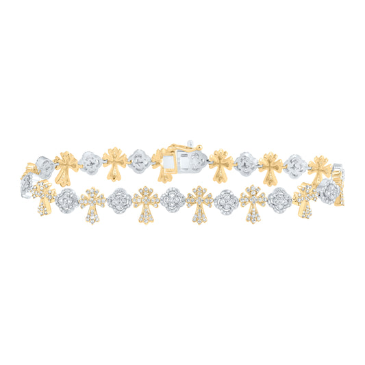10k Yellow White Gold 2 3/8 Cttw Diamond Clover Cross Bracelet, Length: 8 Inch