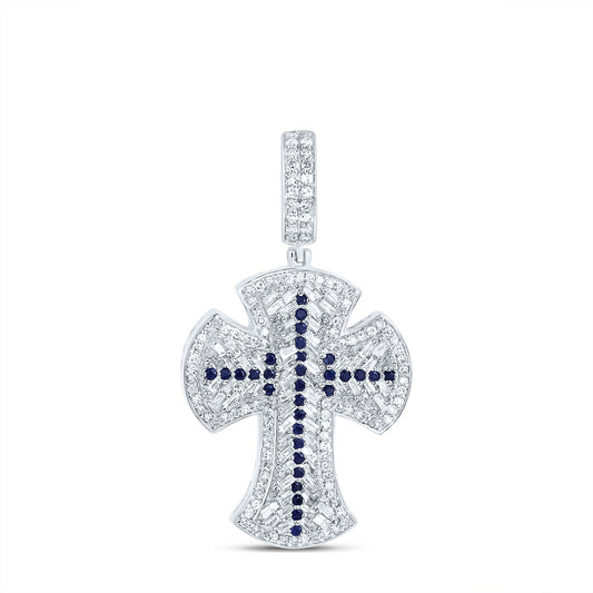 10kt White Gold 7/8 Cttw Diamond and 1/5 Cttw Round Blue Sapphire Natural Gem Cross Mens Charm
