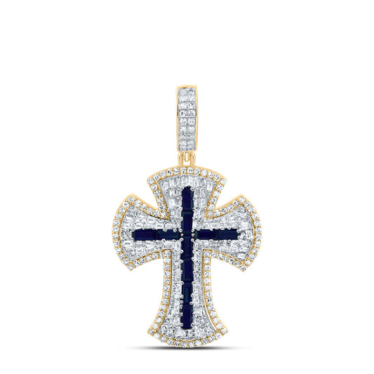 10kt Yellow Gold 1 Cttw Diamond 1ct-bag Blue Sapphire Natural Gem Cross Mens Charm
