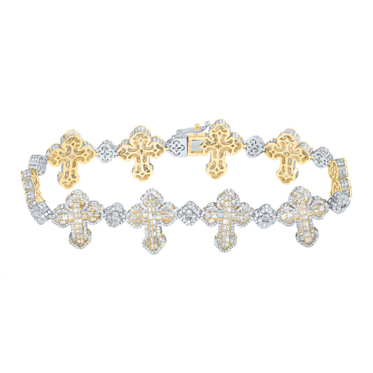 10K Yellow/White Gold 8 Cttw Natural Diamond Clover Cross Mens Bracelet (8 Inch)