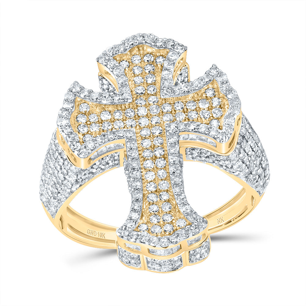 10kt Yellow Gold 2 5/8 Cttw Diamond Crome Cross Mens Ring, Men Size: 8-12