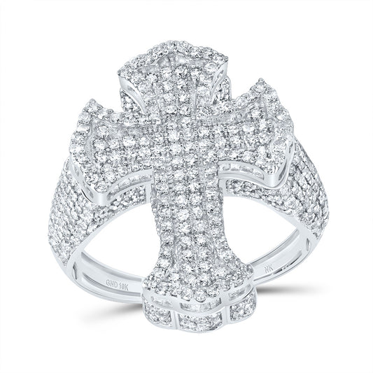 10kt White Gold 2 5/8 Cttw Diamond Crome Cross Mens Ring, Men Size: 8-12