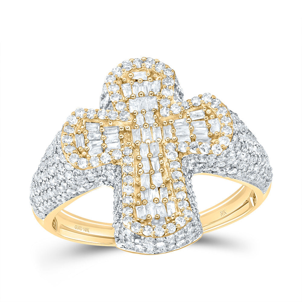 10kt Yellow Gold 1 7/8 Cttw Diamond Crome Cross Mens Ring, Men Size: 8-12