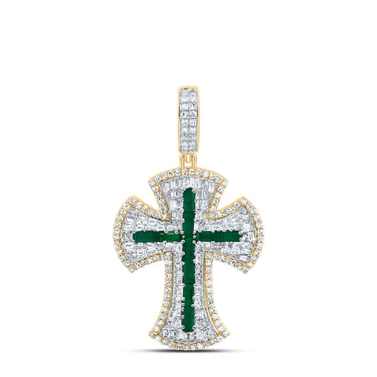 10kt Yellow Gold 1 Cttw Diamond 7/8ct-bag Emerald Natural Gem Cross Mens Charm