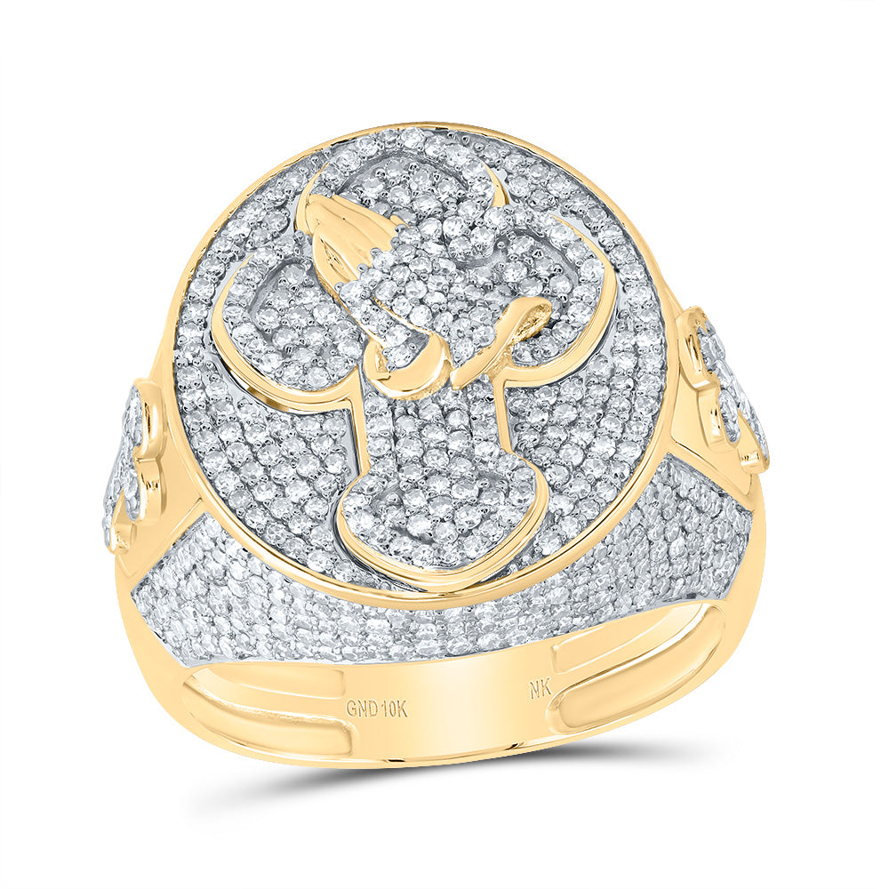 10kt Yellow Gold 1 7/8 Cttw Diamond Cross Mens Ring, Men Size: 8-12