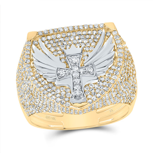 10k Yellow White Gold 2 1/5 Cttw Diamond Cross Mens Ring, Men Size: 8-12