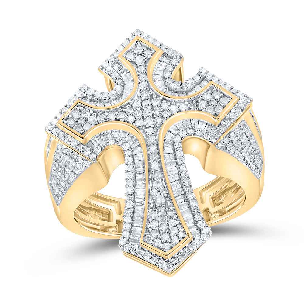 10kt Yellow Gold 1 1/2 Cttw Diamond Cross Mens Ring, Men Size: 8-12
