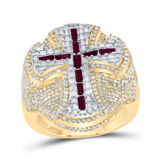 10kt Yellow Gold 2 7/8 Cttw Diamond 7/8 Cttw Bag-ruby Natural Gem Cross Mens Ring, Men Size: 8-12