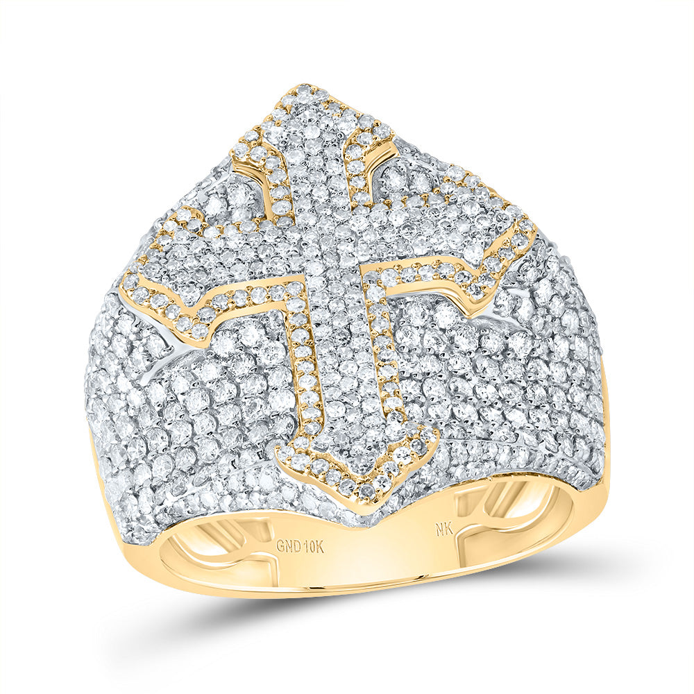 10kt Yellow Gold 2 1/2 Cttw Diamond Cross Mens Ring, Men Size: 8-12
